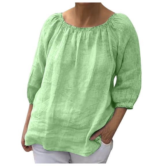 Zpanxa Linen Shirts for Women Short Sleeve Round Neck Solid Color Pullover Tee Versatile Loose Fit Casual Blouse