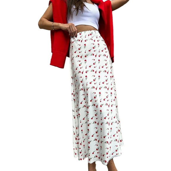 Women'S Floral Print Midi Skirt Casual High Elastic Waist Zipper Vintage Midi Boho Skirts for Women White S