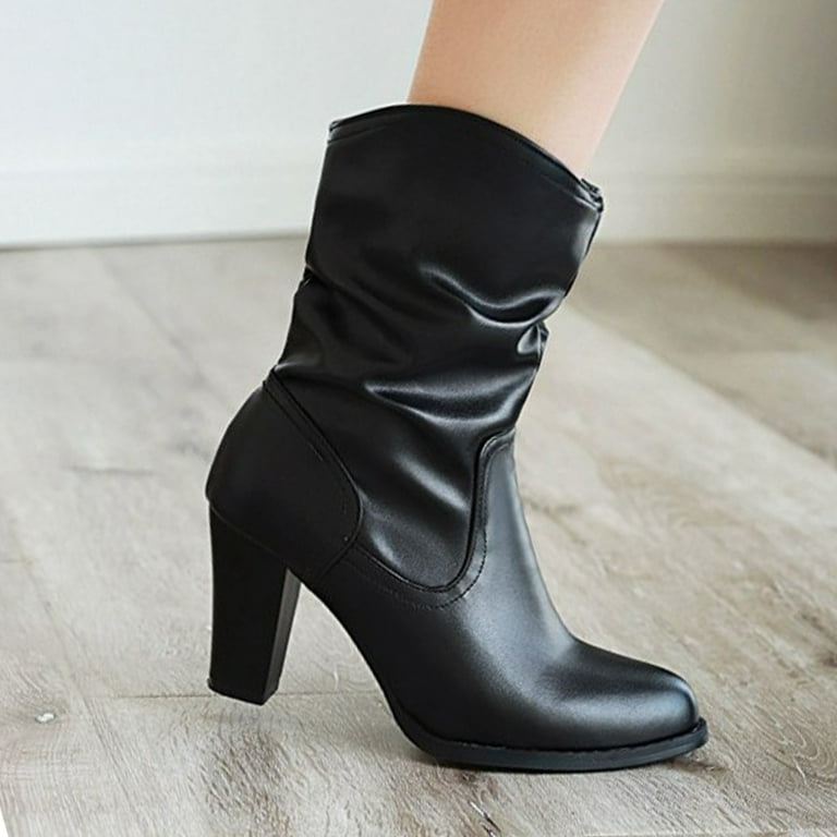 Womens Chunky Block High Heels Boots Slouch Ruched Wide Mid Calf