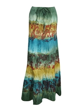 Mogul Women Tiered Tie Dye Long Skirt A-Line Cotton Summer Style Hippie Chic Gypsy Skirts