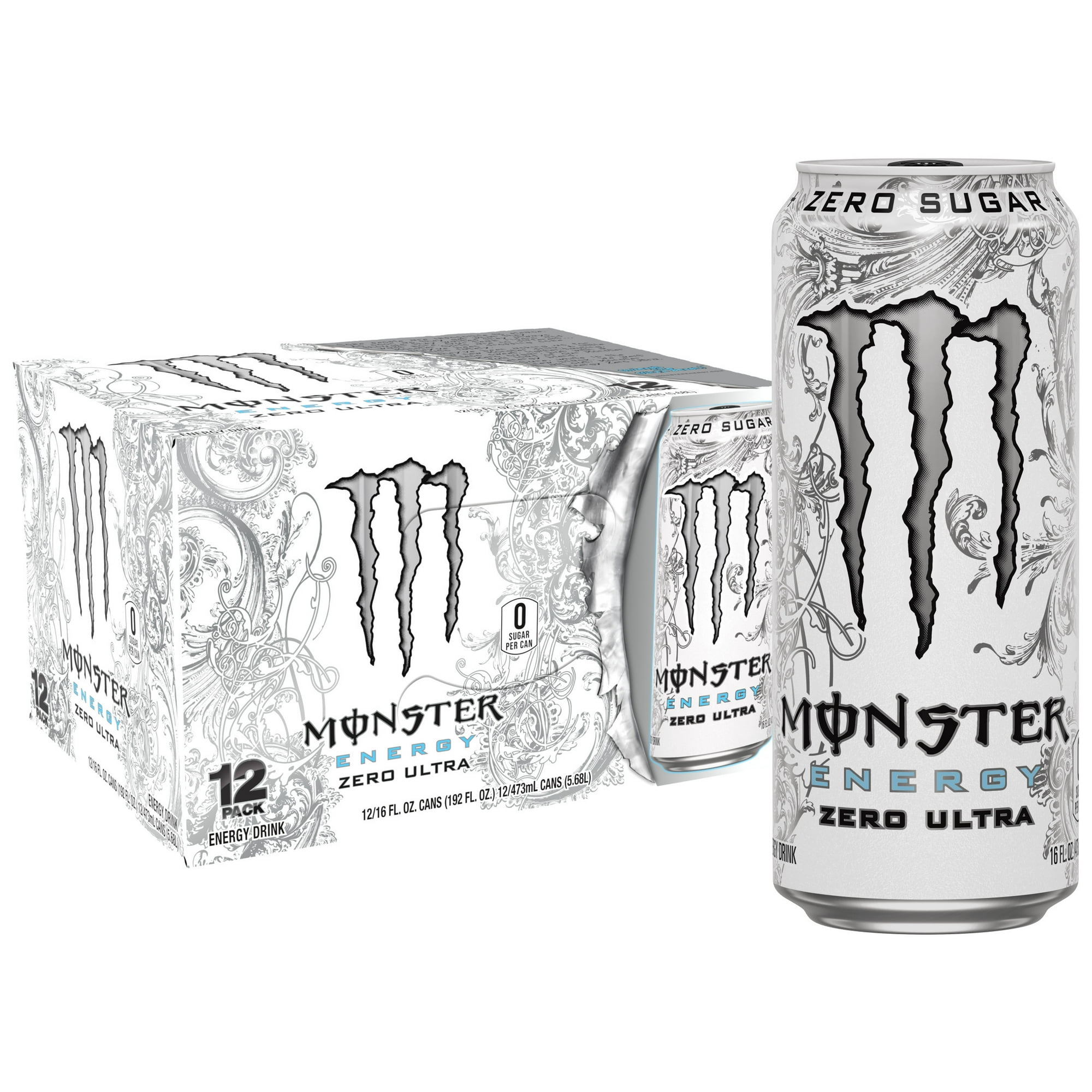(12 Cans) Monster Zero Ultra, Sugar Free Energy Drink, 16 fl oz