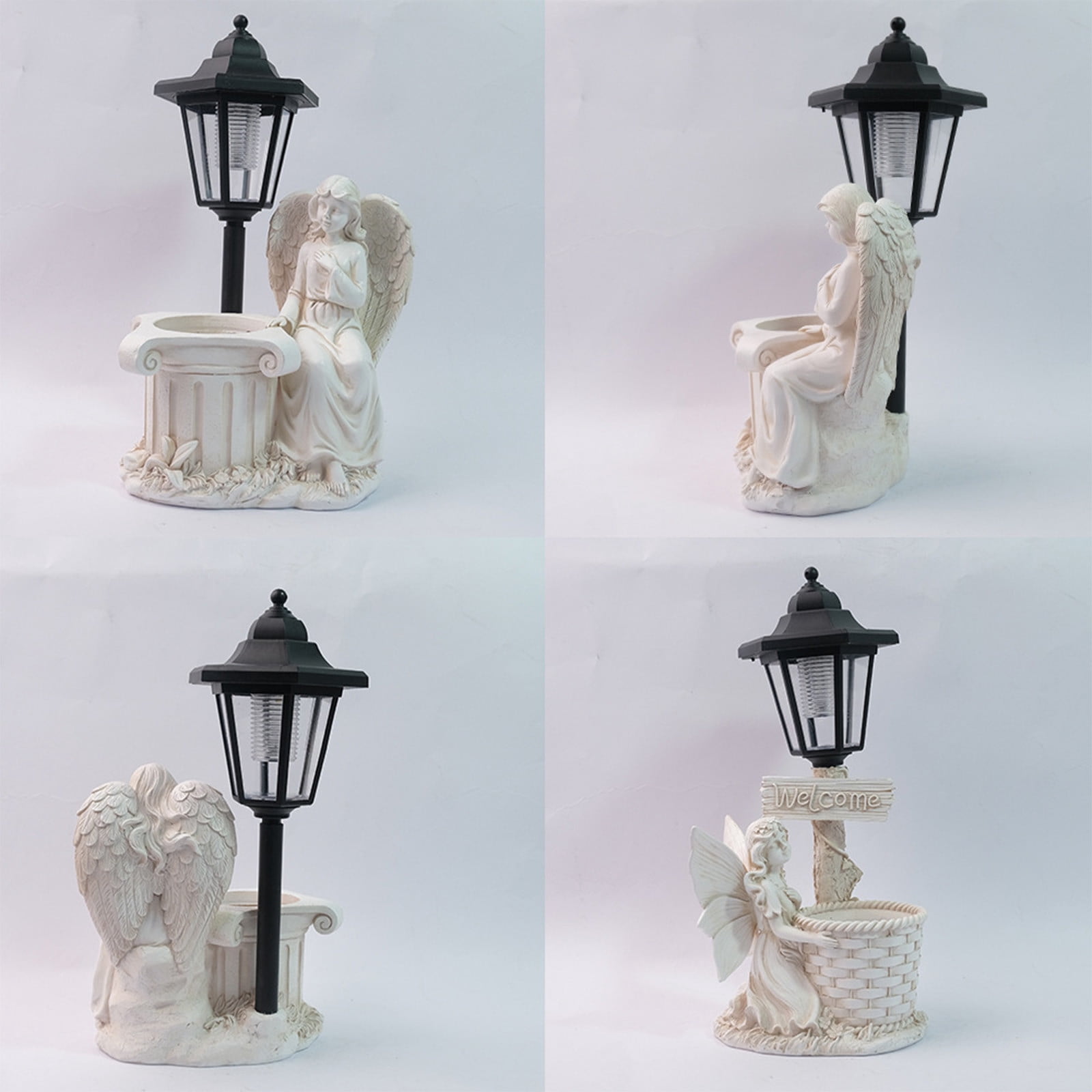 Angel Statue Solar Garden Light with Planter, Resin Outdoor Decorative Lantern, Weatherproof Sculpture Lamp for Patio, Yard, and Memorial Decor White