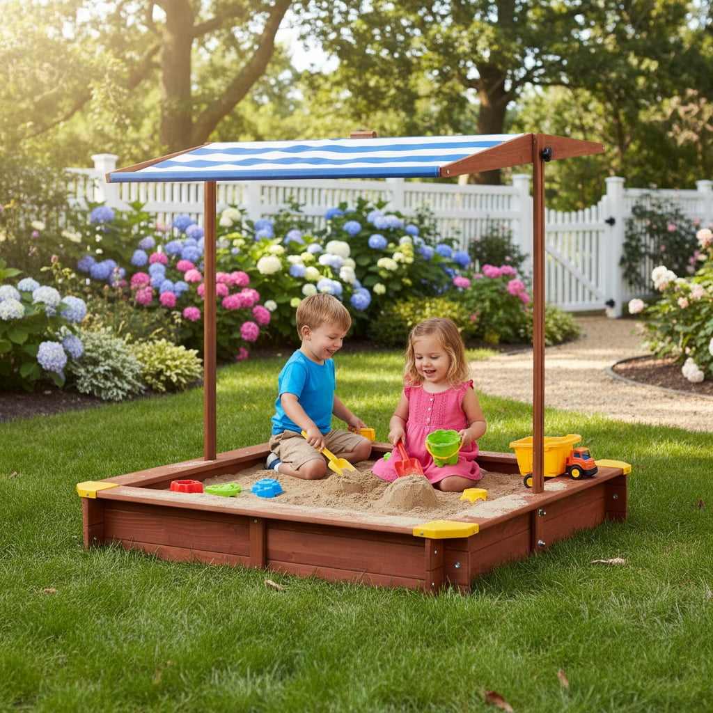 Kids Sandbox with Cover, 46" Wooden Sand Box with Adjustable Canopy, Large Outdoor Cedar Sandpit for Backyard Play, UV-Protected Retractable Roof