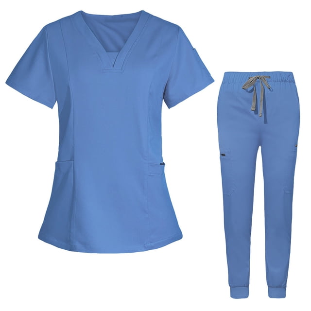 Ensemble de Blouses Médicales pour Femmes Col en V Extensible et Pantalon Jogger à Cordon avec 7 Poches Anti-Rides Uniforme de Travail à Manches Courtes Bleu Ciel