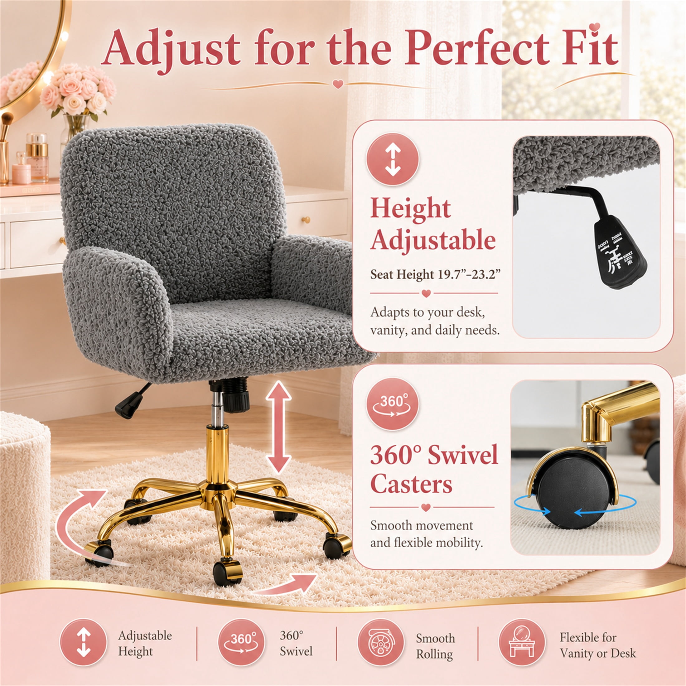 SESSLIFE Vanity Chair, Height Adjustable Velvet Makeup Chair, Comfy Home Desk Chiar with Gold Legs, 360° Swivel Office Chair for Bedroom, Gray