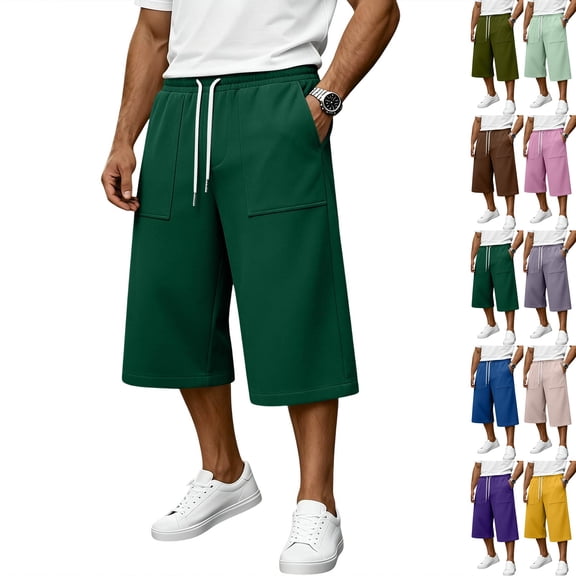 Men's Baggy Lounge Capri Pants Cotton Long Below Knee Stretchable Sweat Shorts Athletic Casual Straight Wide Legs Pants with Pockets Dark Green S