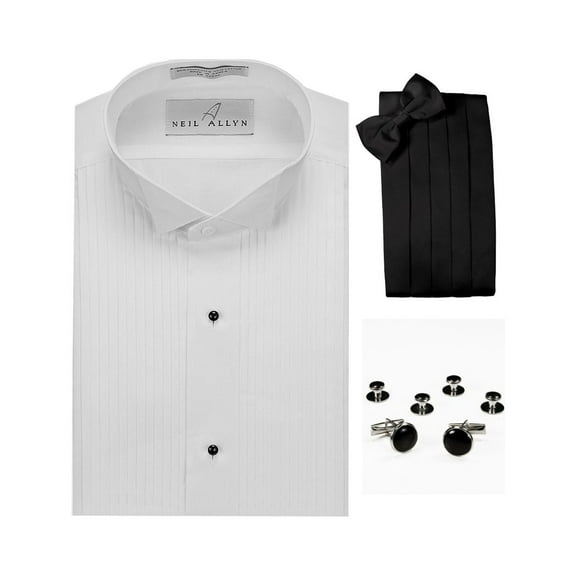 Wing Collar Formal Tuxedo Shirt, Cummerbund, Bow-Tie, Cuff Links & Studs Set
