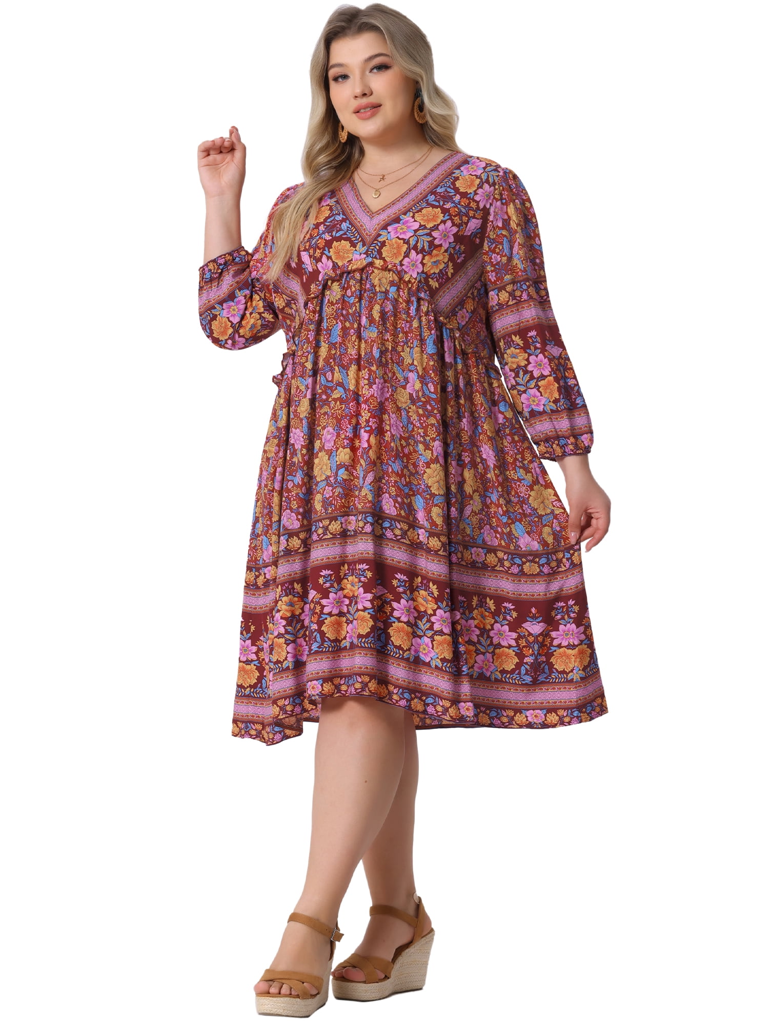 DARING DIVA Women's Plus Size Casual Boho Floral V Neck 3/4 Sleeve Dress 3X Yellow Pink