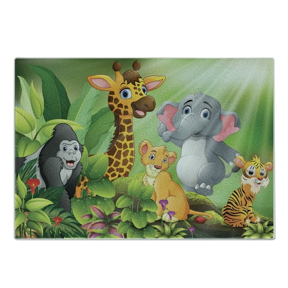 Forest Cutting Board, Illustration of Happy Cartoon Style Nature Scene with Wild Animals and Flowers, Decorative Tempered Glass Cutting and Serving Board, in 3 Sizes, by Ambesonne
