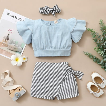 

Tejiojio Girls and Toddlers Soft Cotton Clearance Toddler Baby Girls RUffles Solid Tops+Striped Printed Shorts Headbands Outfits