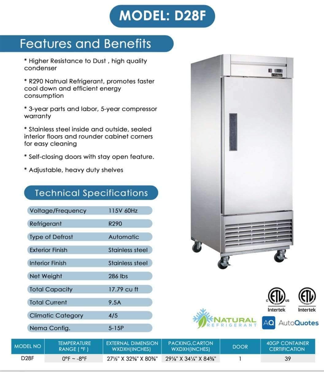 D28F Single Door Commercial Freezer in Stainless Steel