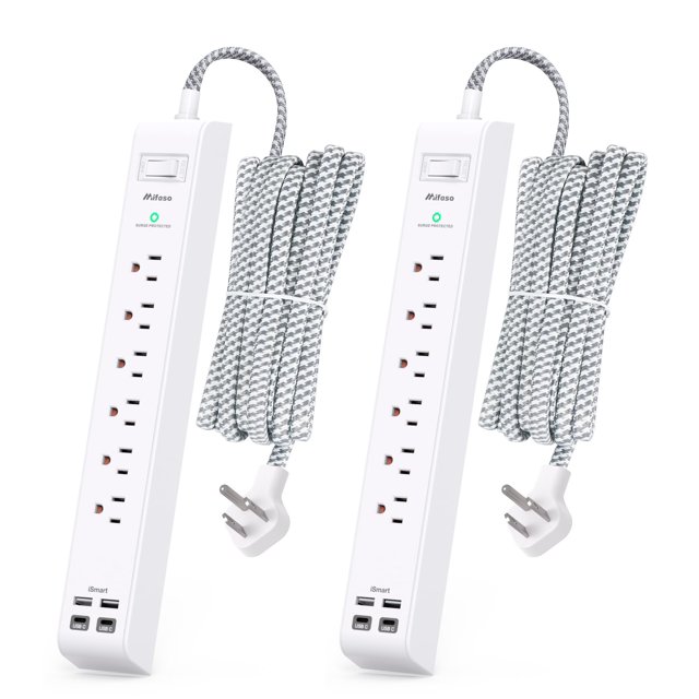 Cable de extensión Power Strip de 10 pies, 6 enchufes, 4 USB Mifaso, paquete de 2