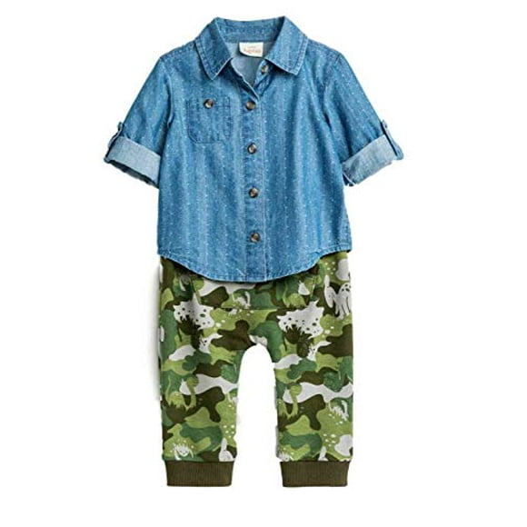 Cat Jack Infant Boys 2Pc Baby Outfit Blue Denim Shirt Dino Camo Pant Set 6-9