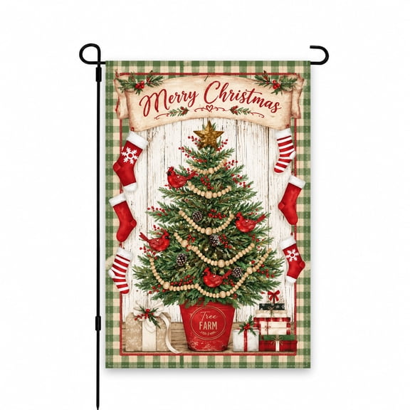 Merry Christmas Garden Flag 12x18 Inch - Christmas Tree with Cardinals, Stockings & Gifts Design - Festive Yard, Lawn or Porch Outdoor Decor