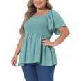 thumbnail image 1 of Blusas de verano de talla grande para mujer GRACE & GRANDEUR, con cuello cuadrado, mangas cortas, dobladillo con volantes, casual y suelta, 1X, verde, 1 of 1
