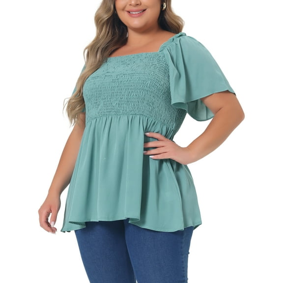 Agnes Orinda Women's Plus Size Summer Tops Square Neck Short Sleeve Ruffle Hem Casual Loose Blouse 1X Green