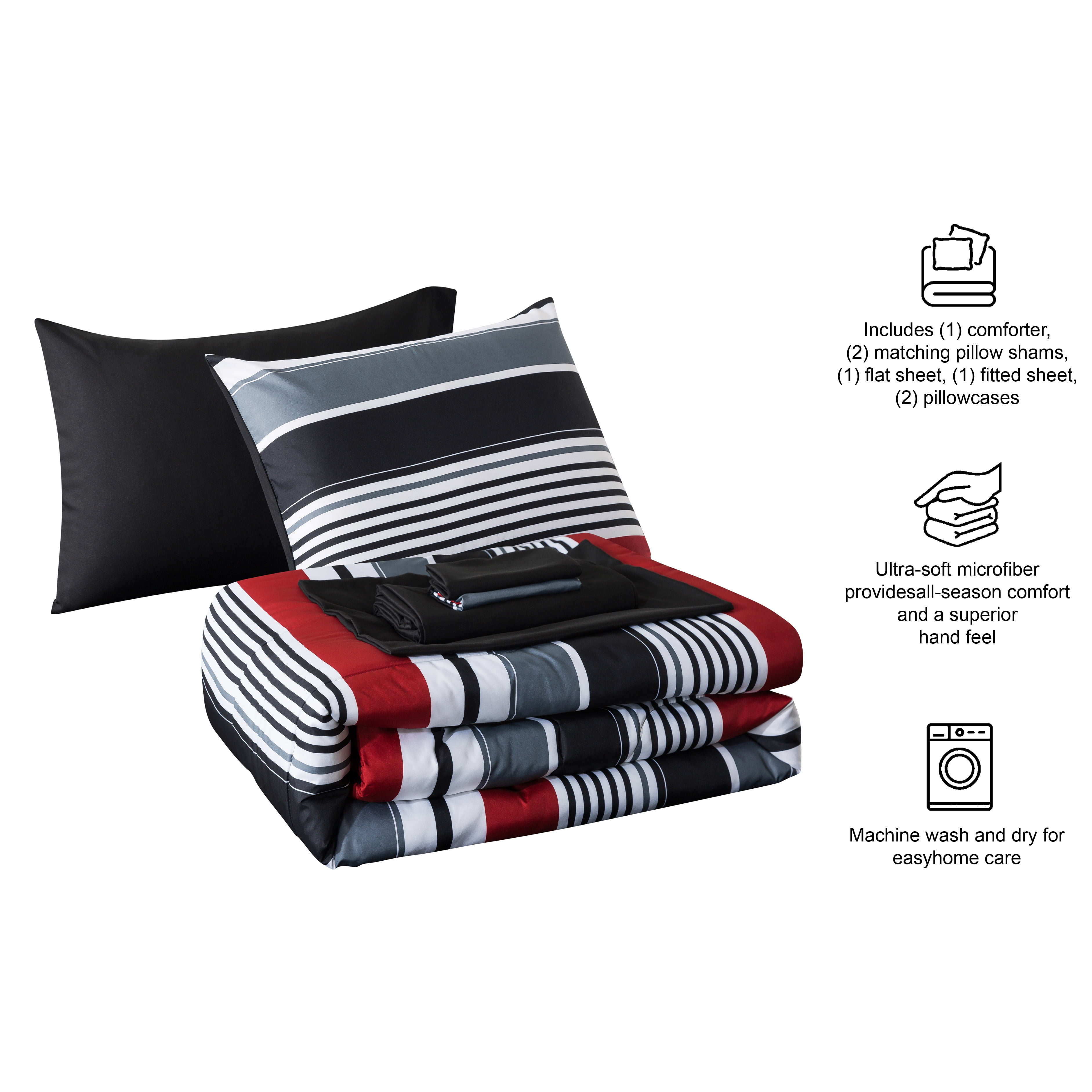 Mainstays 7-Piece Reversible Bed in a Bag Comforter Set with Sheets, Red and Black Stripe, Full
