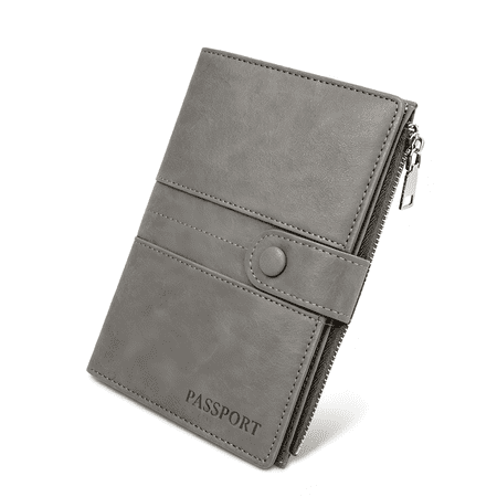 Pautric RFID Blocking Passport Holder, PU Leather Travel Wallet with Card Slots, Pen Holder & Zipper Pocket, Multi-Functional Document Organizer for Men & Women, Gray