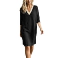 thumbnail image 3 of Vetsdori Black Women's Solid Color V-Neck Lace 3/4 Sleeve Linen Shift Dress Casual Flowy Summer, 3 of 9