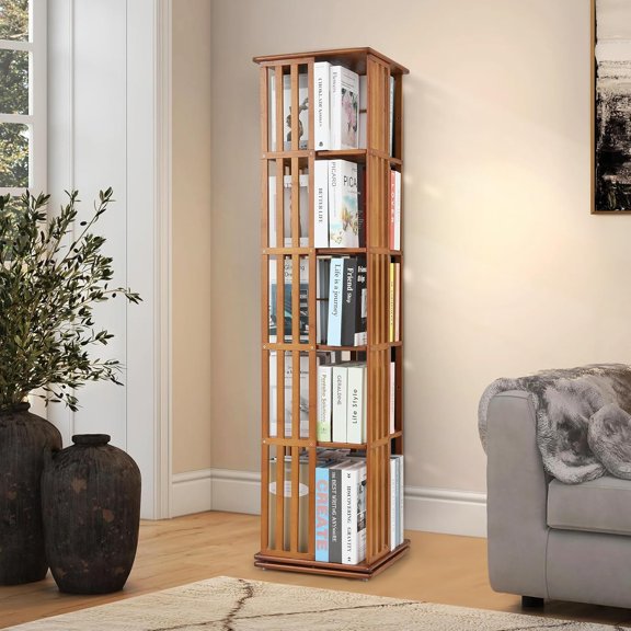 5-Tier Rotating Bookshelf, 360° Tall Floor Standing Bookcase Book Shelf Tower, Bamboo Narrow Bookshelves Storage Display Rack Shelves for Corner, Living Room, Office, Brown