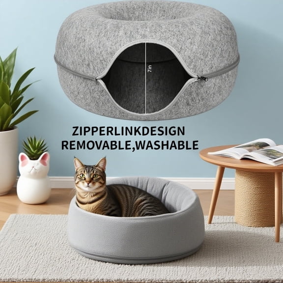 MiserweCat tunnel bed, scratch-resistant donut cat bed, can accommodate medium, small and large cats, detachable and washable (light gray)