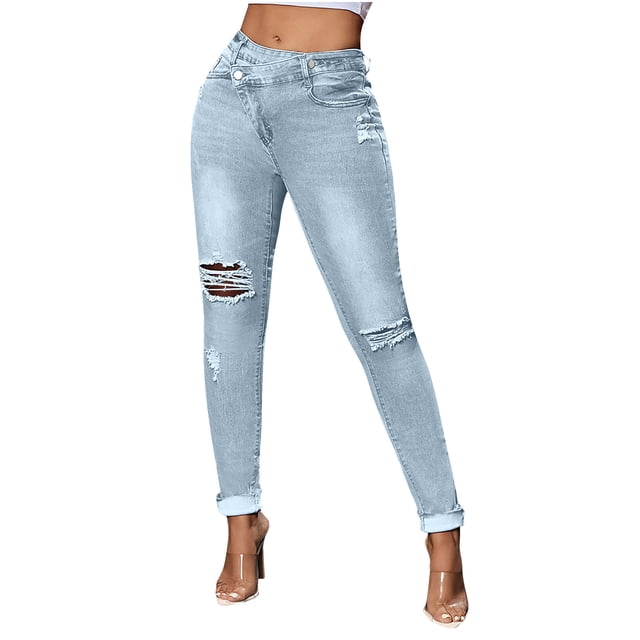 cfhntfmh Jeans for Women Trendy Ripped Distressed High Waisted Pencil Pants Skinny Stretch Denim Pants with Pockets
