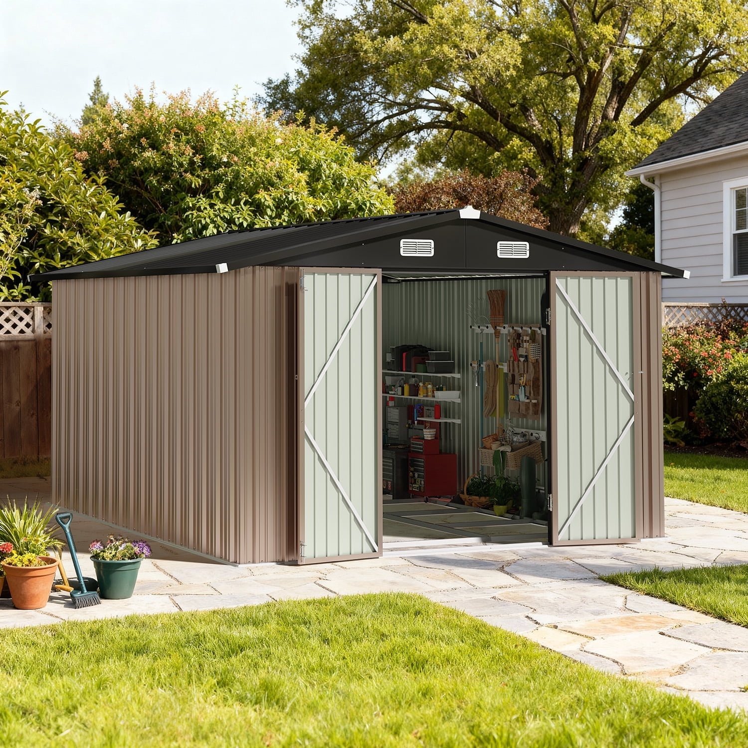 BaPiPro 10x12FT Outdoor Metal Storage Shed with Base Frame Kit & Lockable Doors, Heavy Duty Garden Tool Shed Bicycle Shed, Black