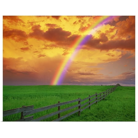 Great BIG Canvas | Rolled Don Hammond Poster Print entitled Rainbow In Country Field With Gold Clouds