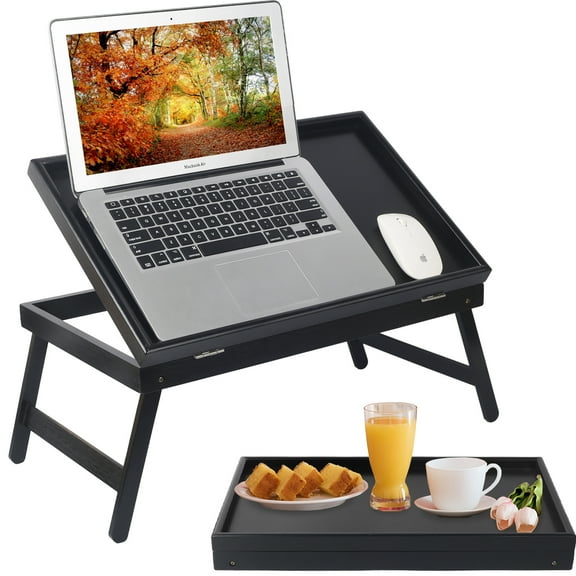Wulawindy Black Bamboo Bed Tray Breakfast Food Tray with Folding Legs Kitchen Serving Tray