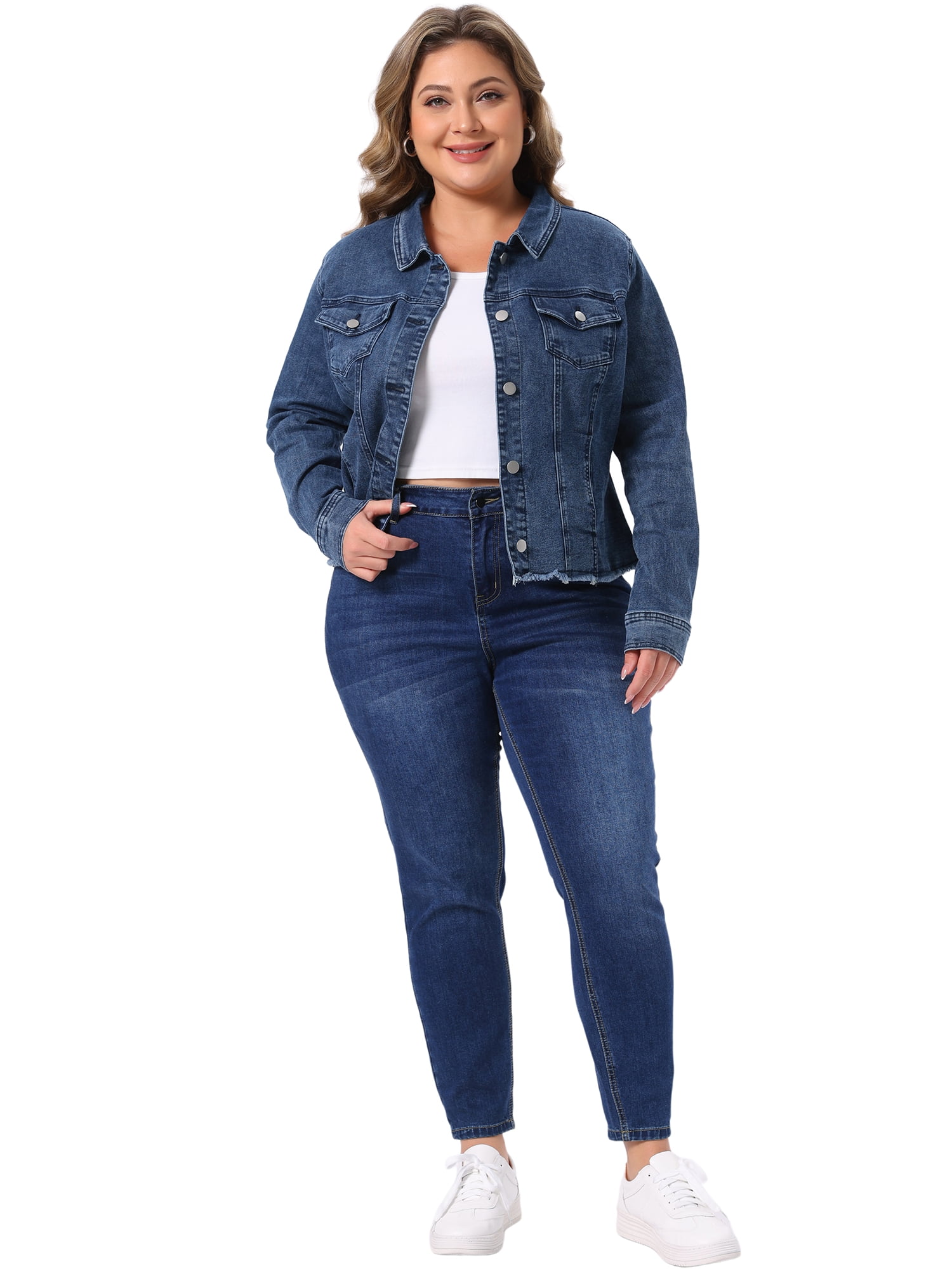 DARING DIVA Women's Plus Size Washed Front Frayed Classic Denim Jacket 2X Snow Washed Blue