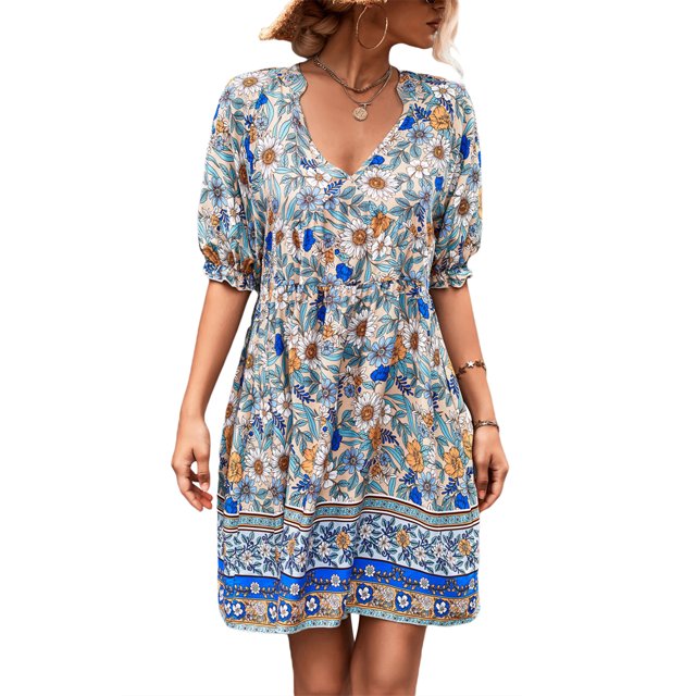 Txlixc - Vestido de manga corta con volantes para mujer, estampado de flores a la moda, cuello en V, cintura alta, vestido acampanado Txlixc Moda