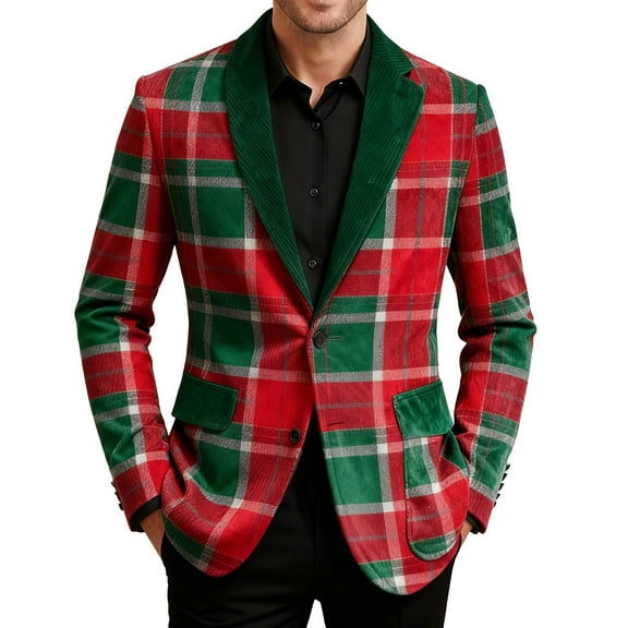 Stamzod Christmas Mens Corduroy Jacket Long Sleeve One Button Plaid Blazers with Pocket Holiday Party Xmas Sport Coats for Men Red P XL