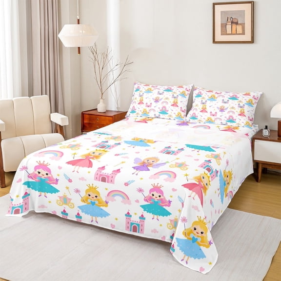 Erosebridal Kawaii Girls Bed Sheets Set Twin Size,Rainbow Castle Carriage Bedding Sets Twin Size,White Fairy Tale Bed Sheets Twin,Breathable Room Decoration,3-Piece
