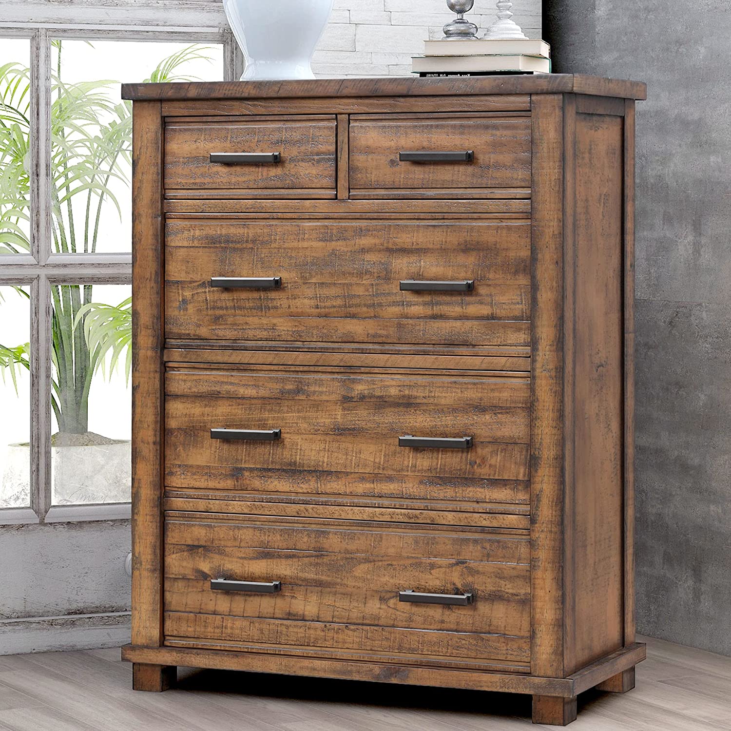 Ucloveria Rustic Chest with 5 Drawers and Black Iron Handle, Reclaimed