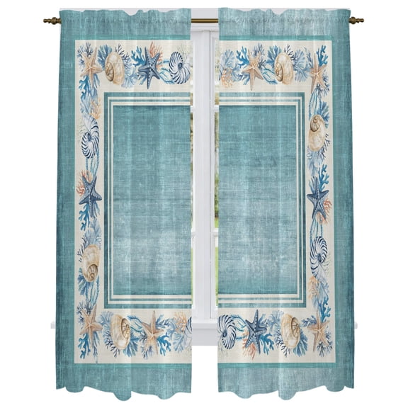 Teal Green Coastal Kitchen Curtain for Berdoom Living Room Cafe 72 Inch Length, Vintage Summer Beach Coral Shell Starfish Tiers Curtains Light Filtering Drapes Window Treatment 2 Panels 52"Wx72"L