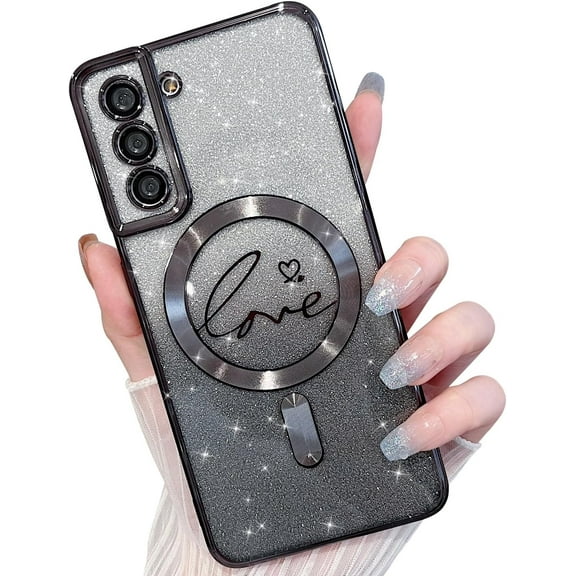 for Samsung Galaxy S24 Plus Case Clear Magnetic Glitter Phone Cases [Compatible with Magsafe],Luxury Love Heart Plating Bling Gradient Sparkle Shockproof Cover for Women Girls,/Gold