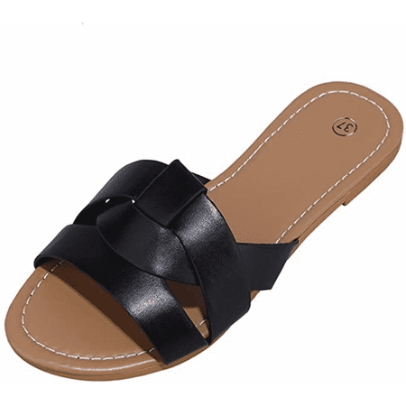 

Wish Women s Summer Flat Slides Sandals Casual Strap Cross Slip On Sliders Beach Flat Sandals ------- Black （Size 36） S1790