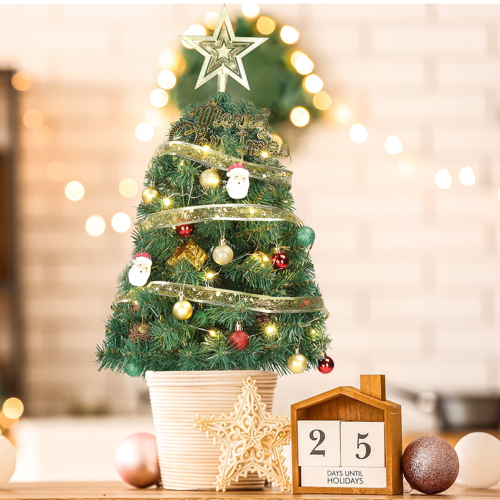 20 in Pre-lit Artificial Mini Christmas Tree, Pre-Decorated with 30 Warm White LED Lights 3 Modes, Premium PVC Wood Base for Home Office Store Holiday Deco, Green