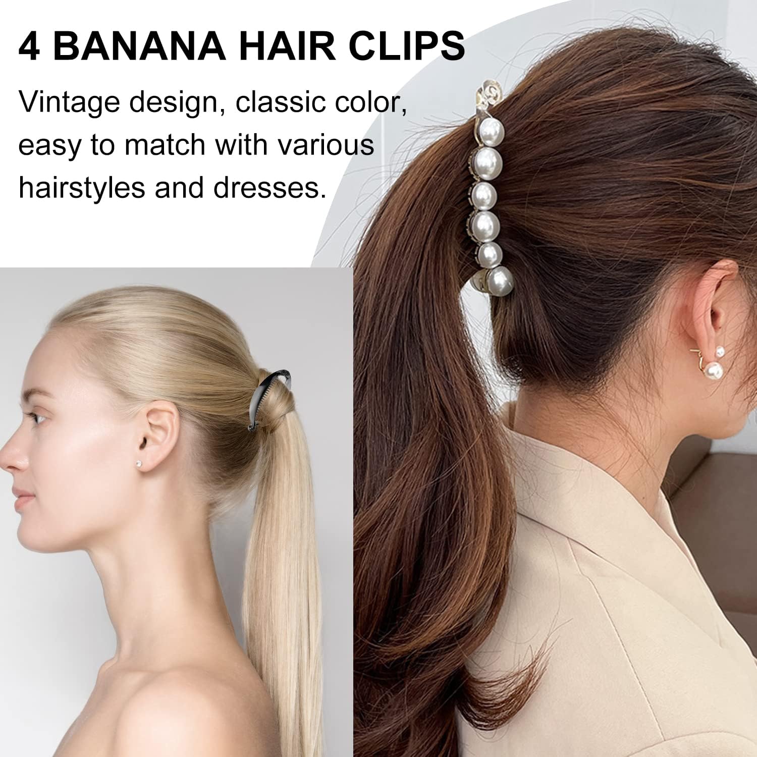 4 Pieces Banana Hair Clips, Double Comb Banana Clips, Fishtail Banana Clips, Pearl Banana Clips, Clincher Combs Banana Clips, Vintage Hair Clip Accessories Headwear DIY Hairstyles for Thick Hair.