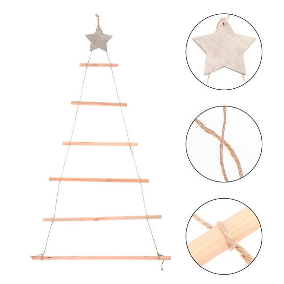 Amosfun Light Brown Wooden Hanging Ladder Christmas Tree Decoration with Rope Branch Holder