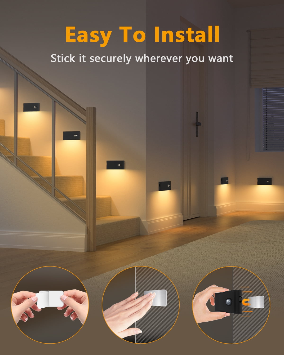 WILLED Stair Lights Indoor, Rechargeable Motion Sensor Night Lights, Battery Operated, Warm White, Wireless Stick on Light for Hallway Entry Stairs Bathroom Kitchen Garage Laundry, 6 Pack