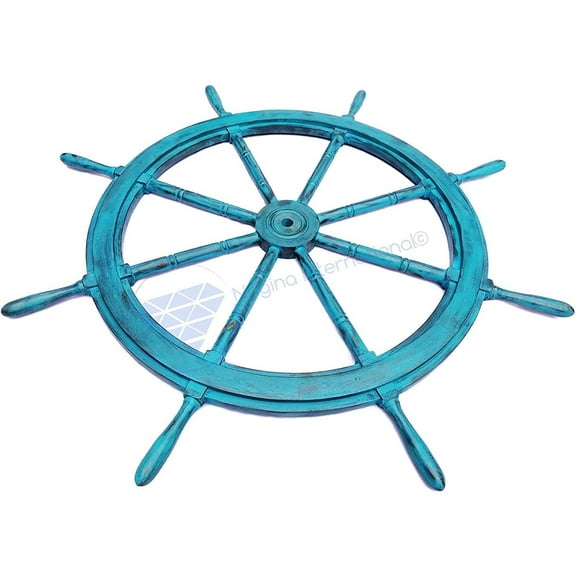 Fresh Water Blue Vintage Teal Hand Crafted Nautical Ship Wheel - Wood Hub Motiff - Pirate's Large Steering - Nagina International (36 Inches)