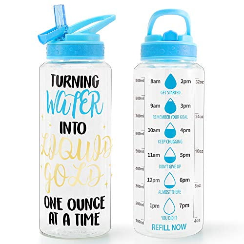 32oz Motivational Water Bottle with Straw & Time Marker, BPA FREE Tritan & Dustproof Flip Straw & Leak Proof & Carry Handle & Pretty Design & Easy Clean (Liquid Gold)