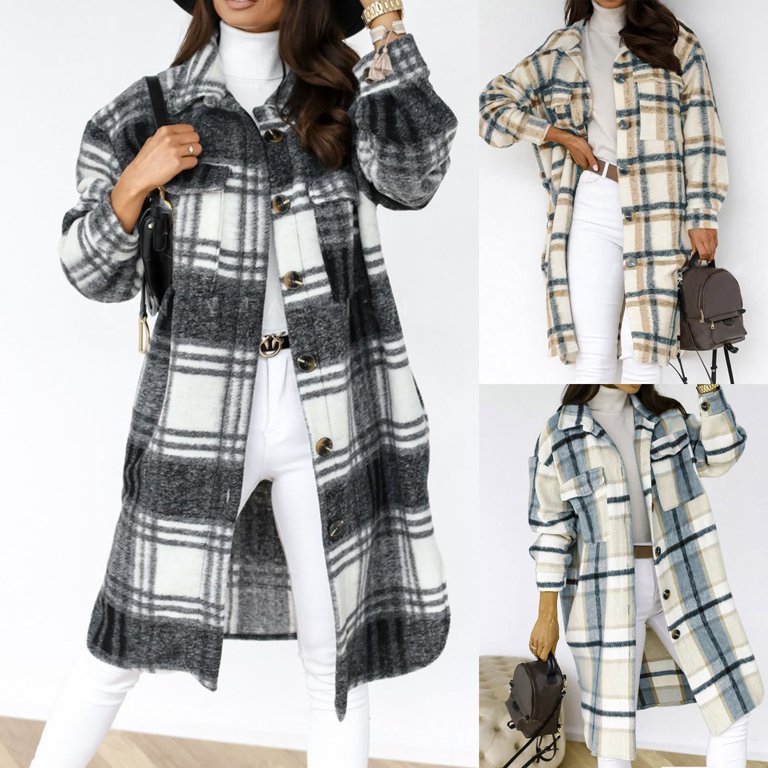 Ikevan Womens Plaid Long Wool Blend Coat Shacket Jackets Long Sleeve Button  Down Casual Boyfriend Flannel Shirts Brown 12(XXL)