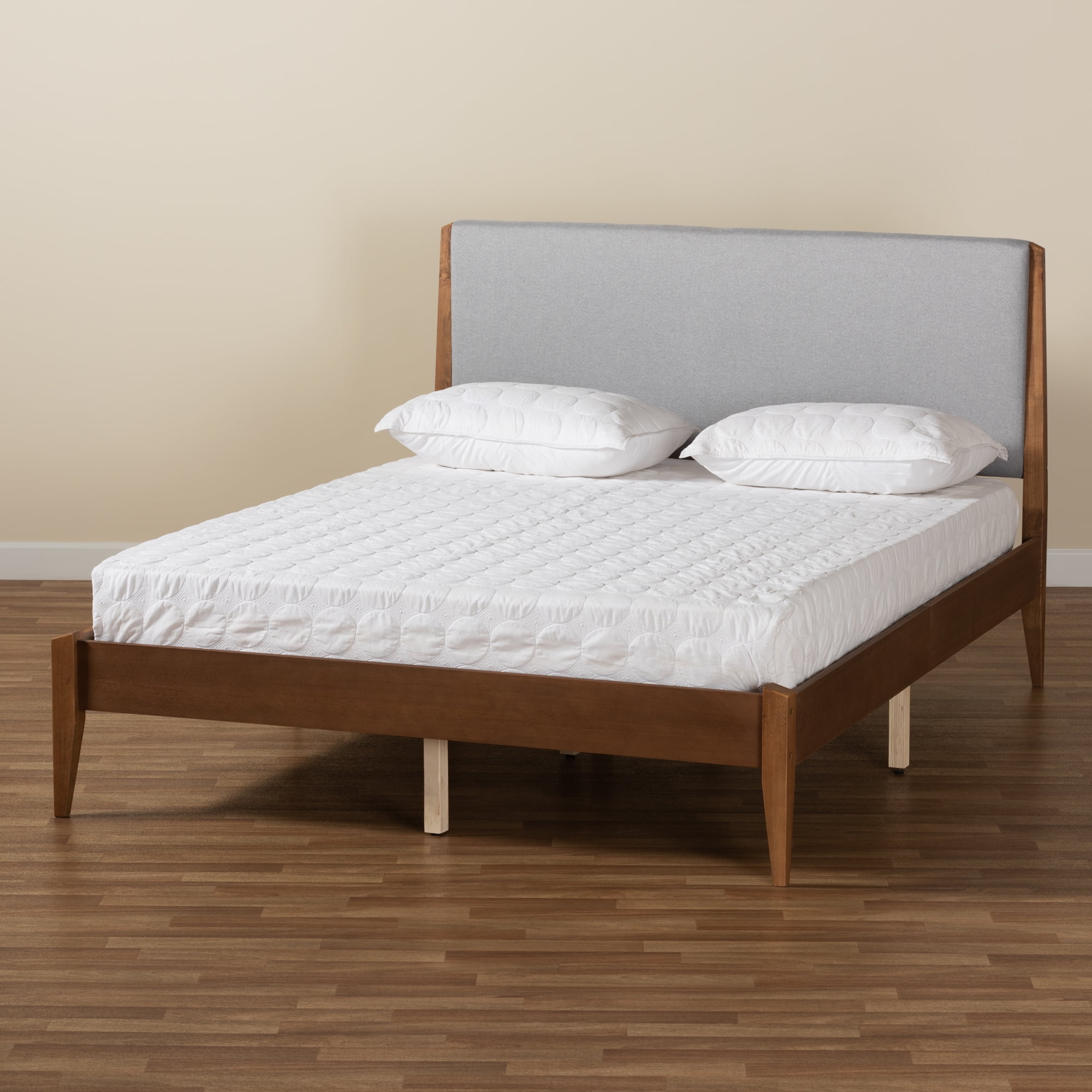 Baxton Studio Lenora Mid-Century Modern Grey Fabric Upholstered and Walnut Brown Finished Wood King Size Platform Bed