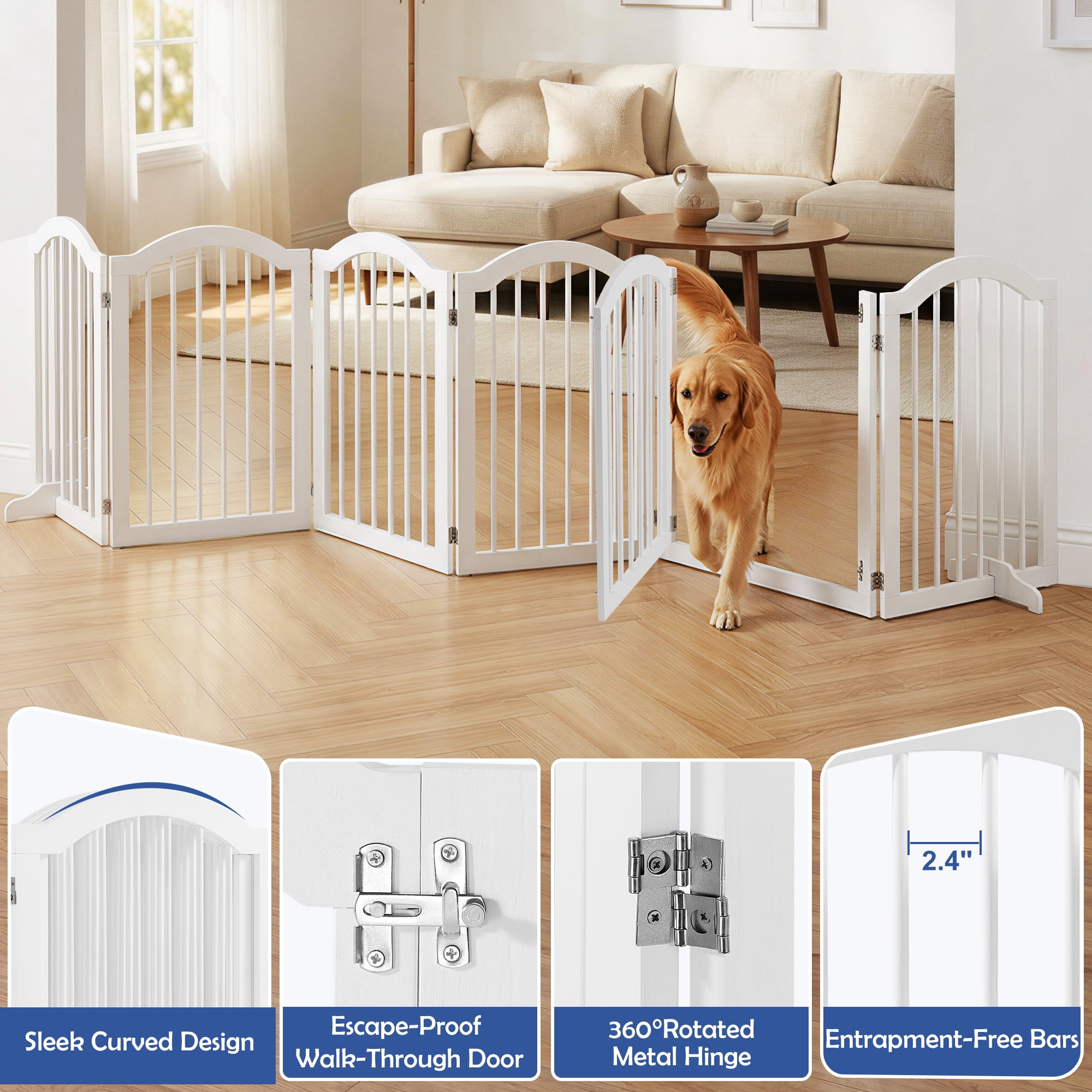 TrumanPick 36" H Extra Tall Dog Gates for Doorways, 6-Panel Foldable Pet Gate, 2 Support Feet Dog Fence for Stairs 138"L, White
