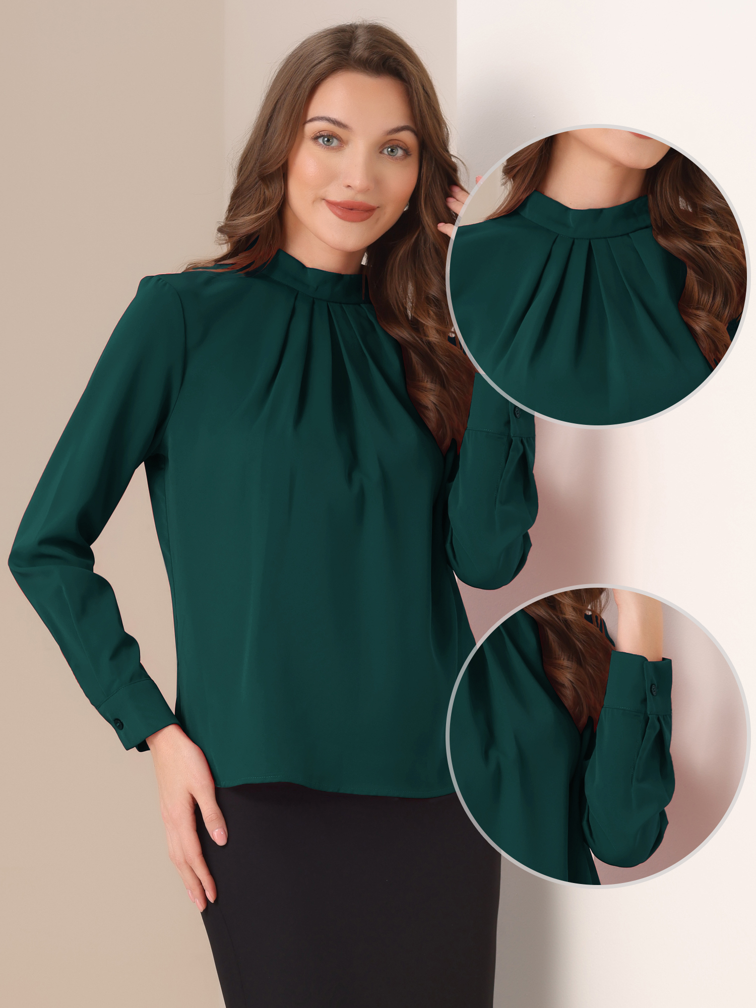 DARING DIVA Women's Tops Stand Collar Long Sleeve Business Shirt