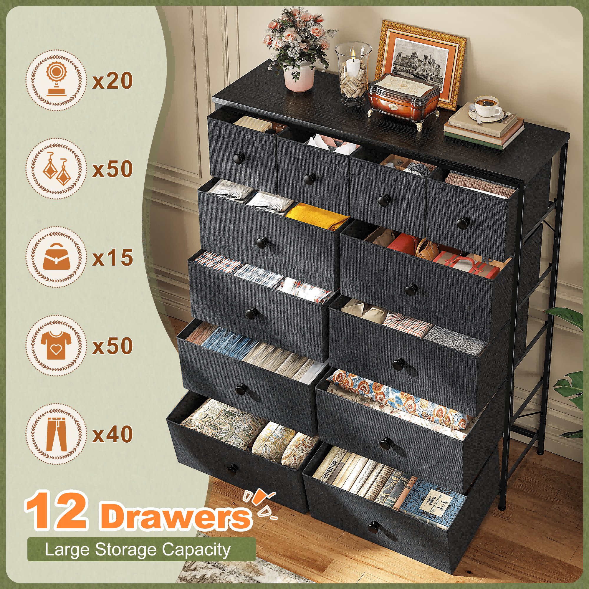Romorgniz Tall Dresser for Bedroom with 12 Drawers Dresser for Closet Fabric Dressers and Chests of Drawers, Sturdy Metal Frame, Wood Top, Dark Gray