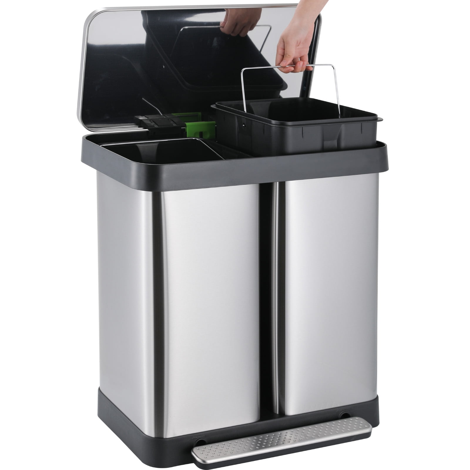 Pirecart 16 Gallon Step Trash Can with Lid Rectangular Stainless Steel Dual Garbage Can, Silver