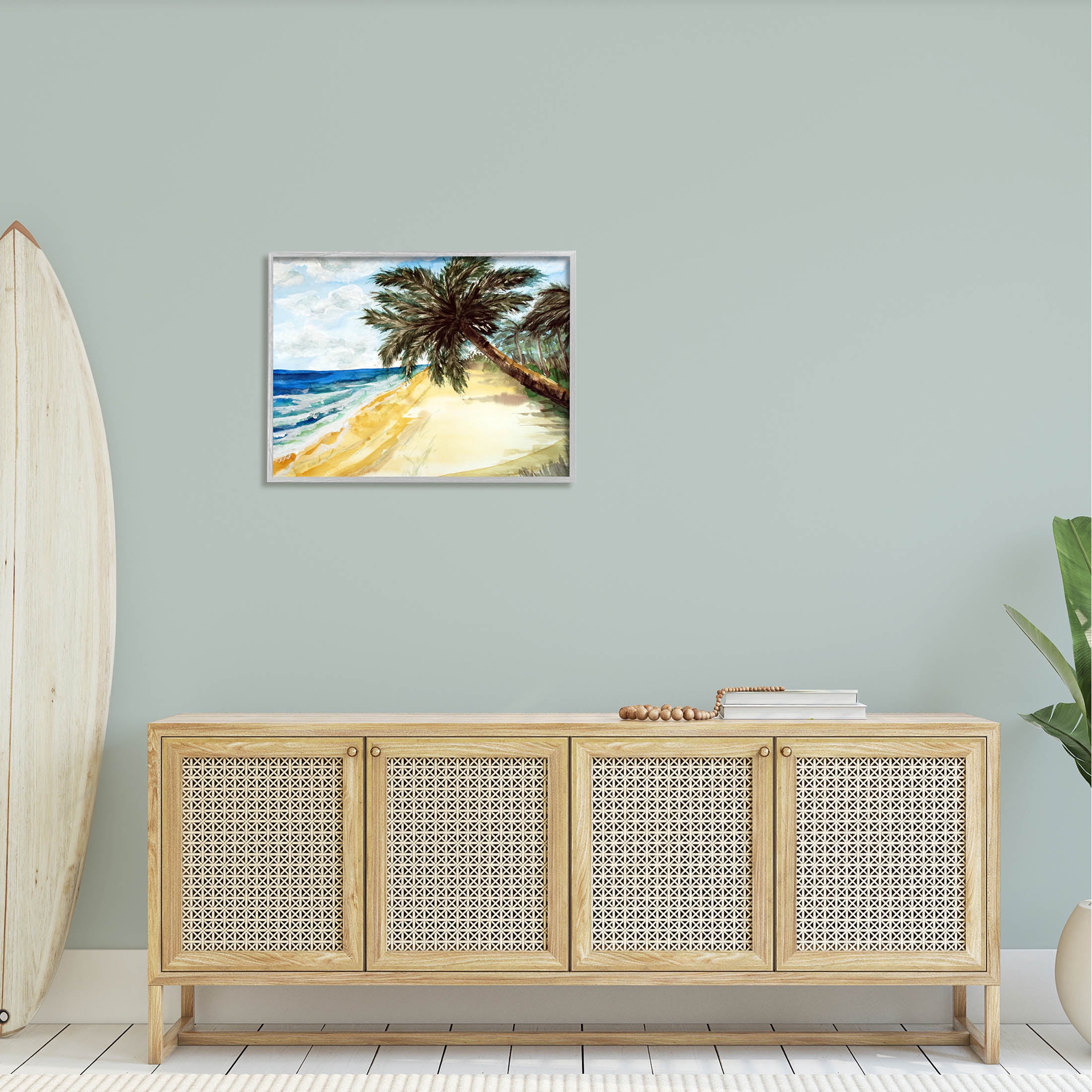 Summer Palm Overhanging Beach Coastal Painting Gray Framed Art Print Wall Art